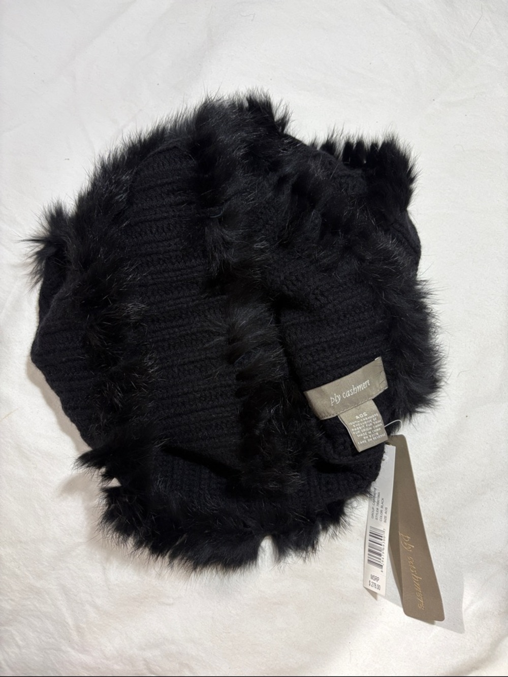 Black Real Rabbit Fur Trim Knit Infinity Scarf Cashmere luxurious Classic